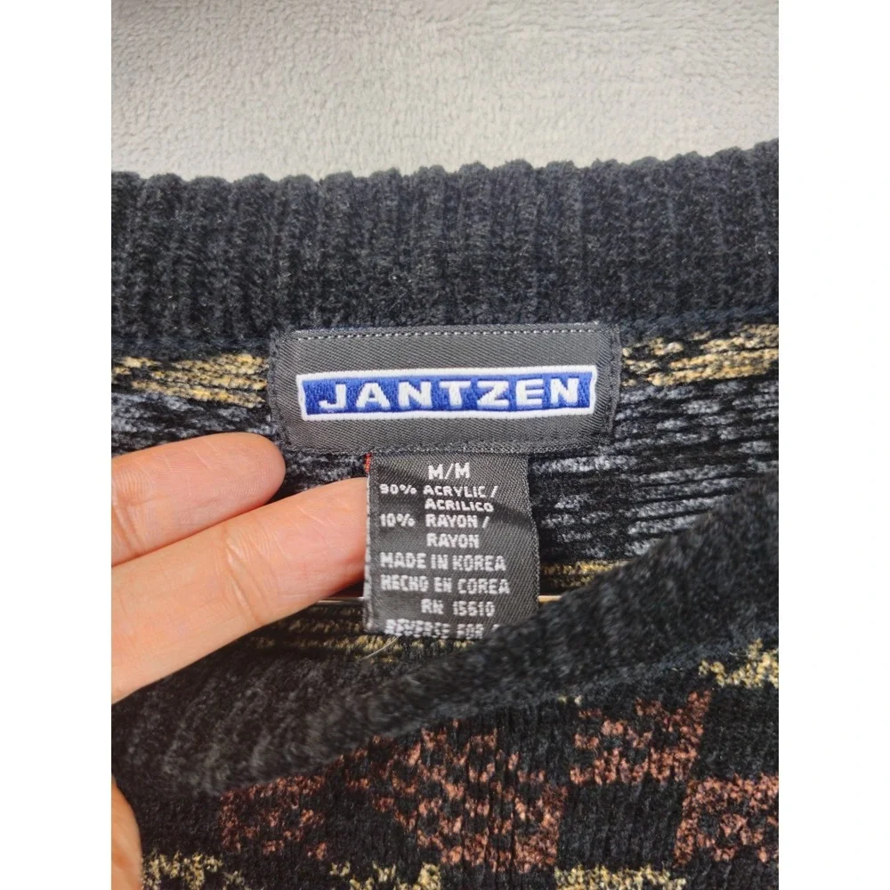 Vintage Jantzen Sweater Mens Medium Black Geometric Knit Grandpa Pullover 90s